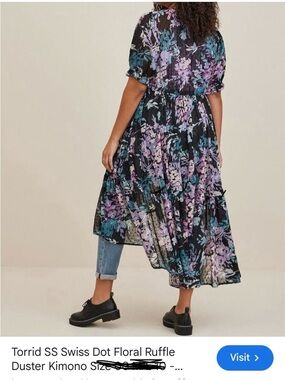 torrid Black Floral Ruffle Duster with Purple & Teal Blossoms